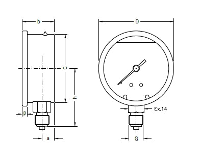 BOURDON TUBE PRESSURE GAUGES, WITH GLYCERINE FILLING